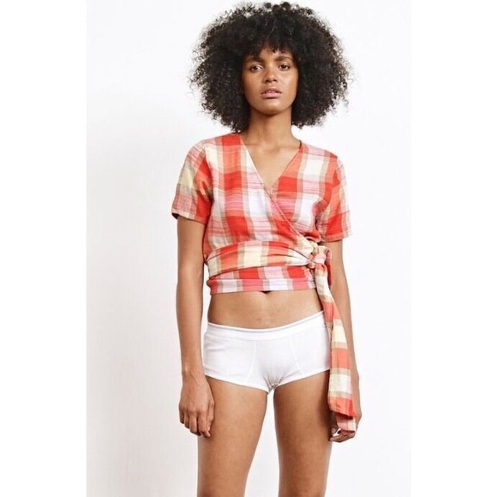 Ace & Jig Picnic Red Sierra Plaid Wrap Front Short Sleeves Blouse Top Size M